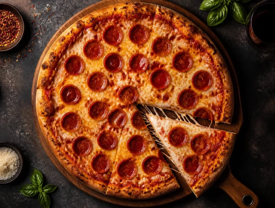 Grande pizza pepperoni au fromage bien étiré